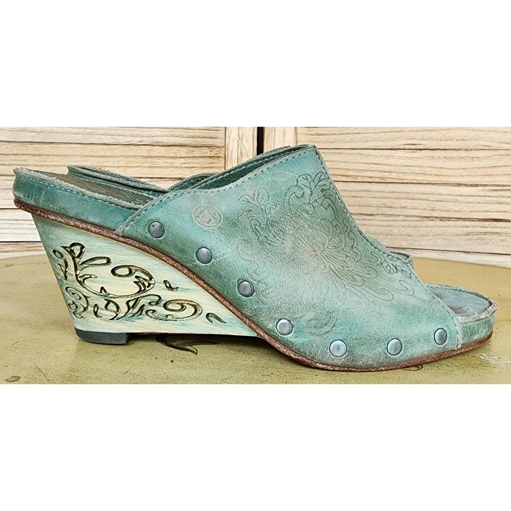 Neosens EU 38 US 7.5 8 Anthropologie Green Leather Wedge Sandals Mules Boho